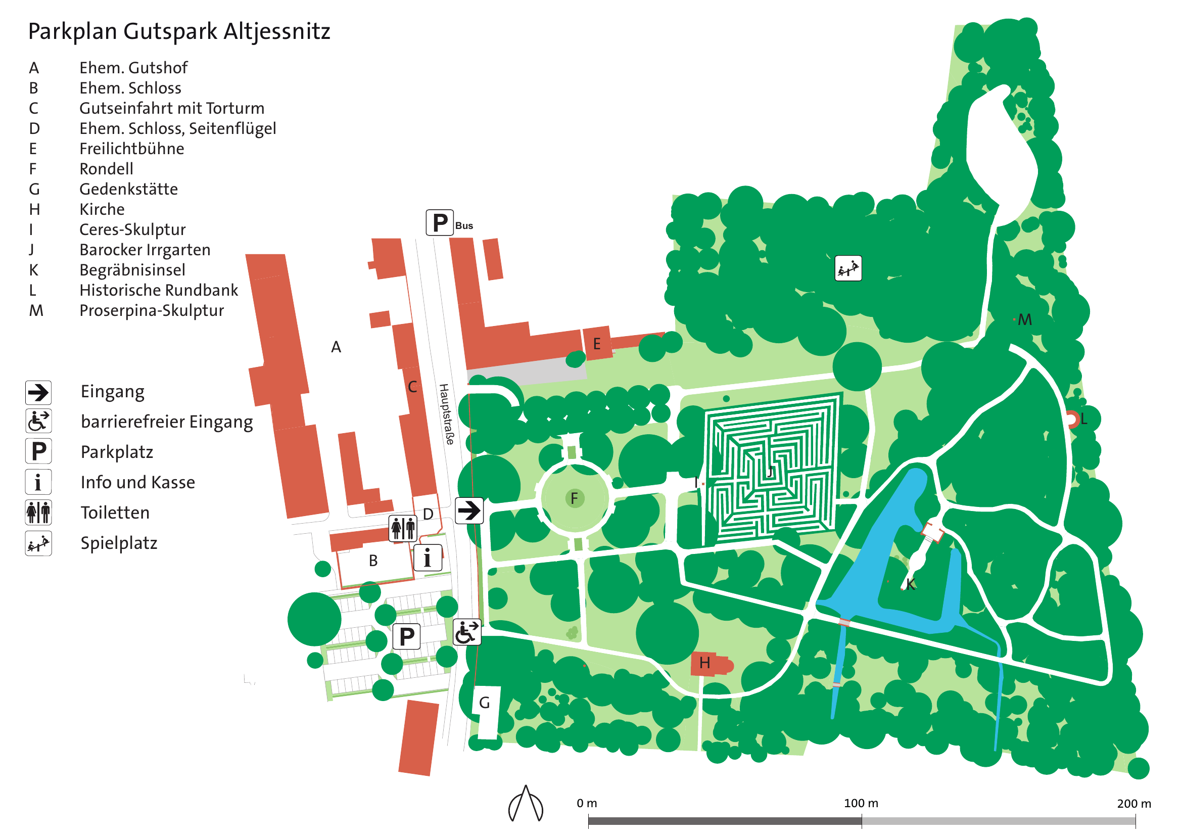 Parkplan des Gutsparks Altjeßnitz mit Irrgarten, Wegen, Eingängen, Parkplätzen und wichtigen Orten