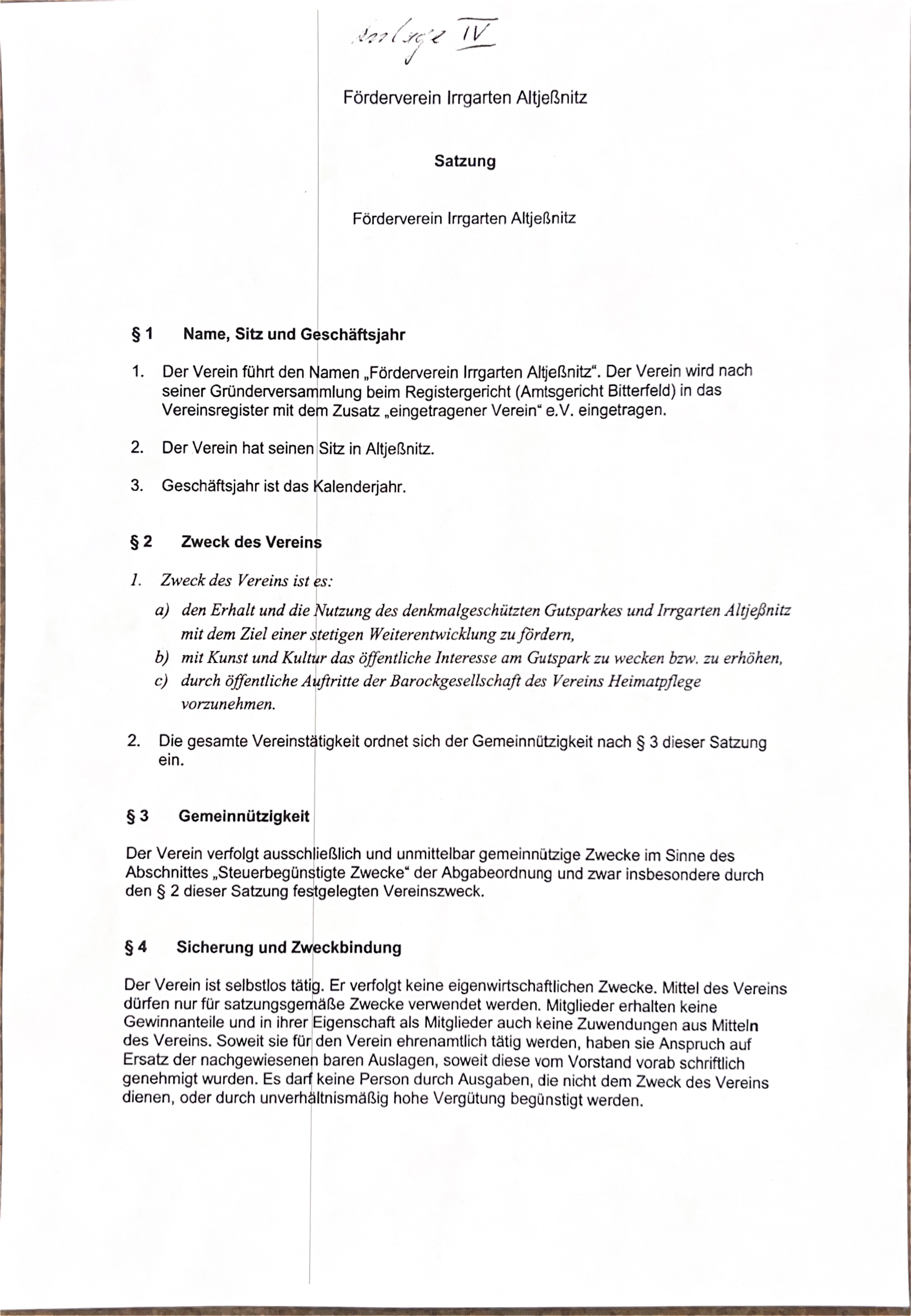 Satzung des Fördervereins Irrgarten Altjeßnitz e.V., Seite 1